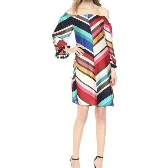 Trina Turk Amaris Off Shoulder Chevron 3/4 Bell Sleeve Shift Dress Colorful M - Picture 3 of 13